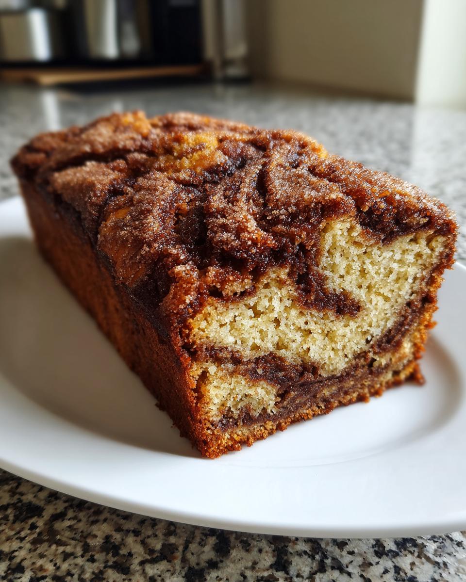 A whole loaf of snickerdoodle zucchini bread with a cinnamon swirl topping sits on a white plate.