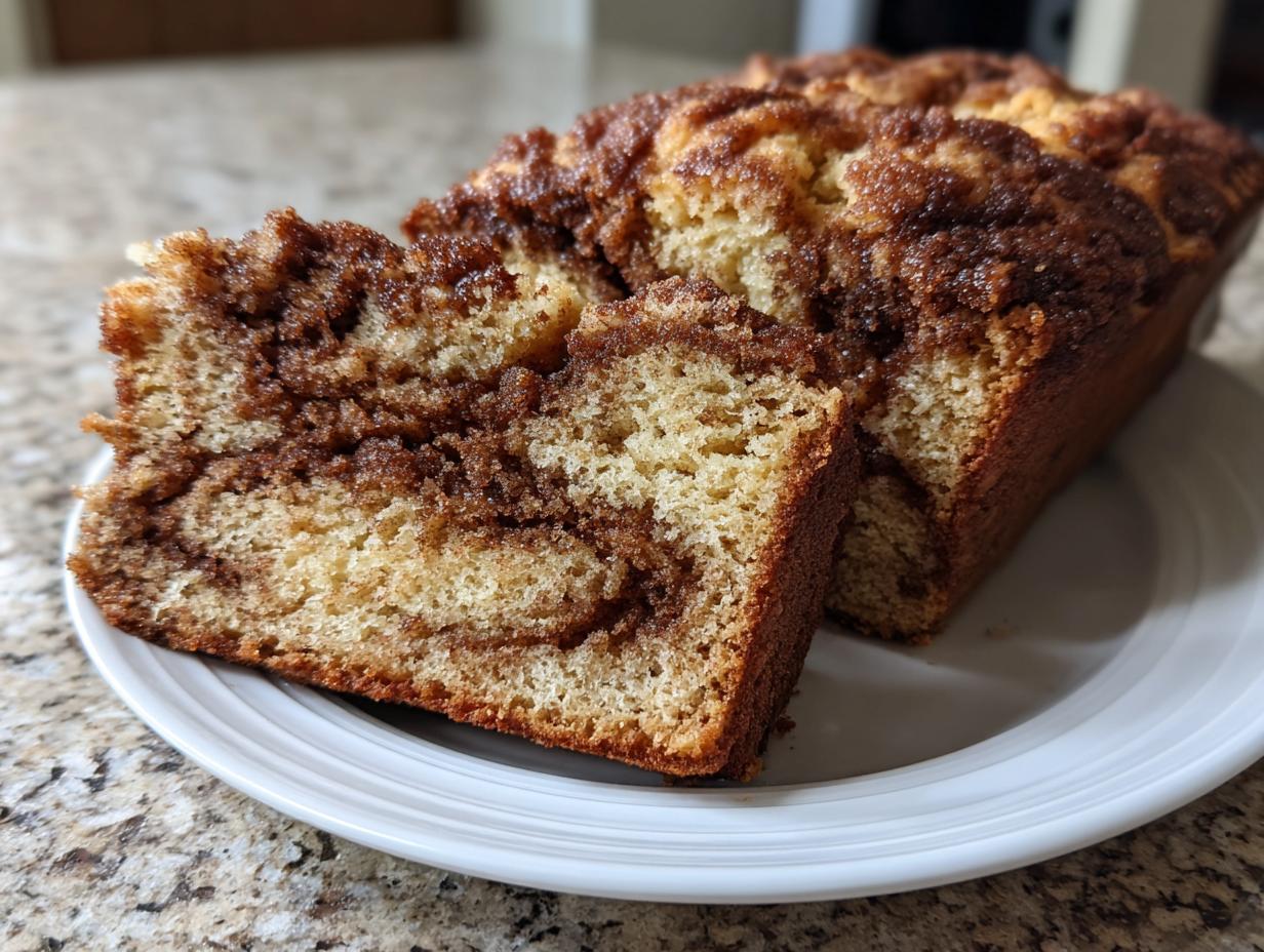 A loaf of snickerdoodle zucchini bread sliced, showing a rich cinnamon swirl inside and a crumbly topping.