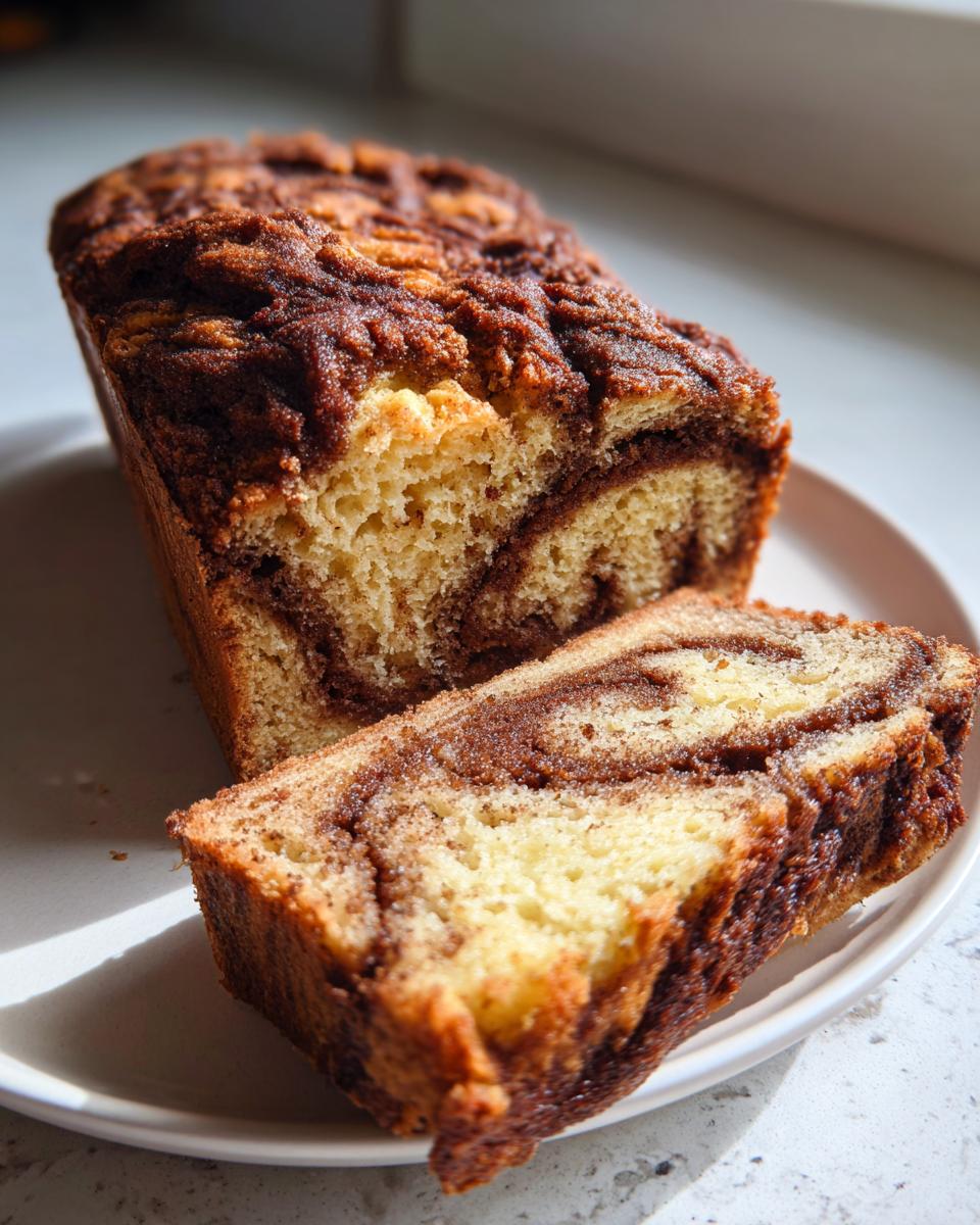 A close-up of a sliced snickerdoodle zucchini bread loaf showing the cinnamon swirl texture.