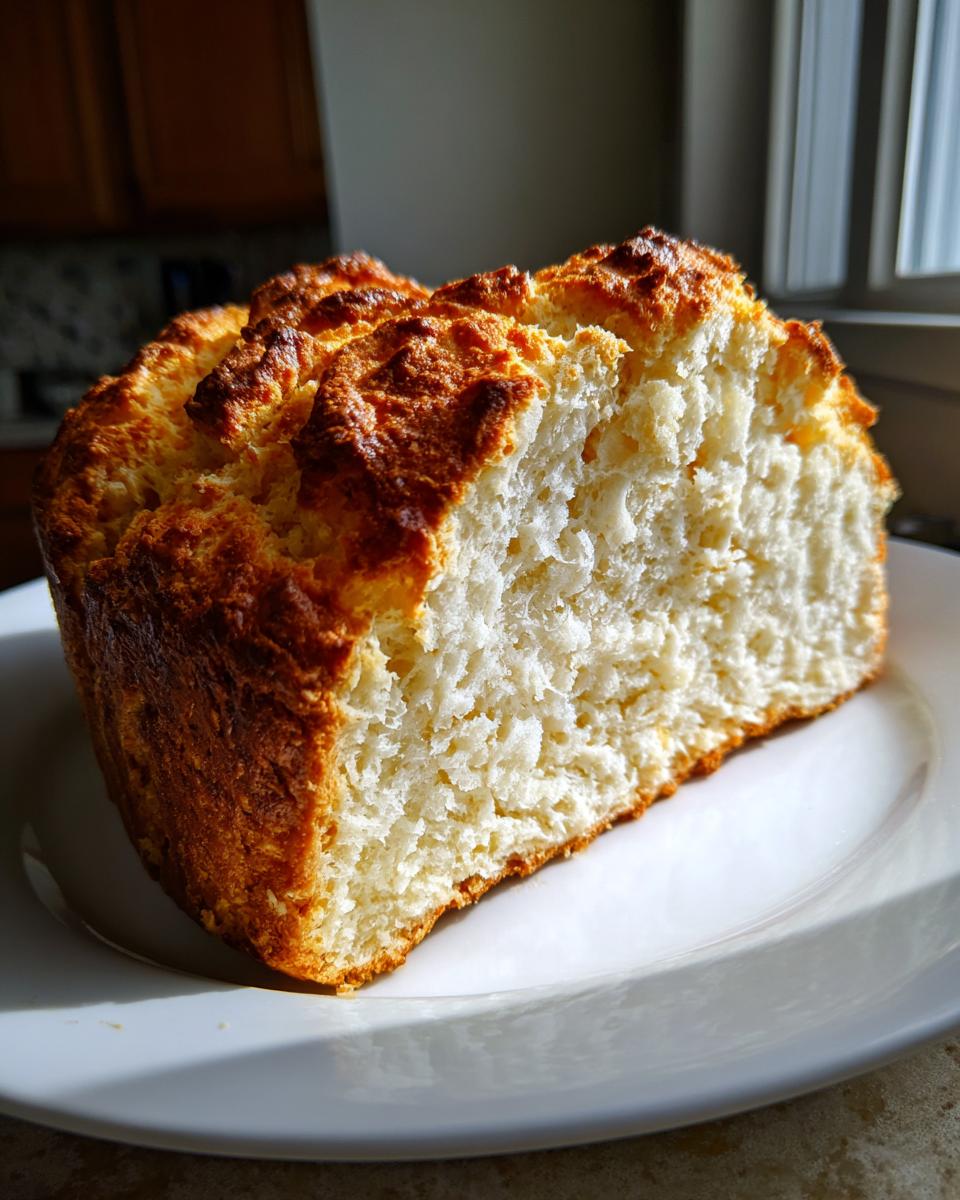 A thick slice of golden-crusted, fluffy interior soda bread resting on a white plate.