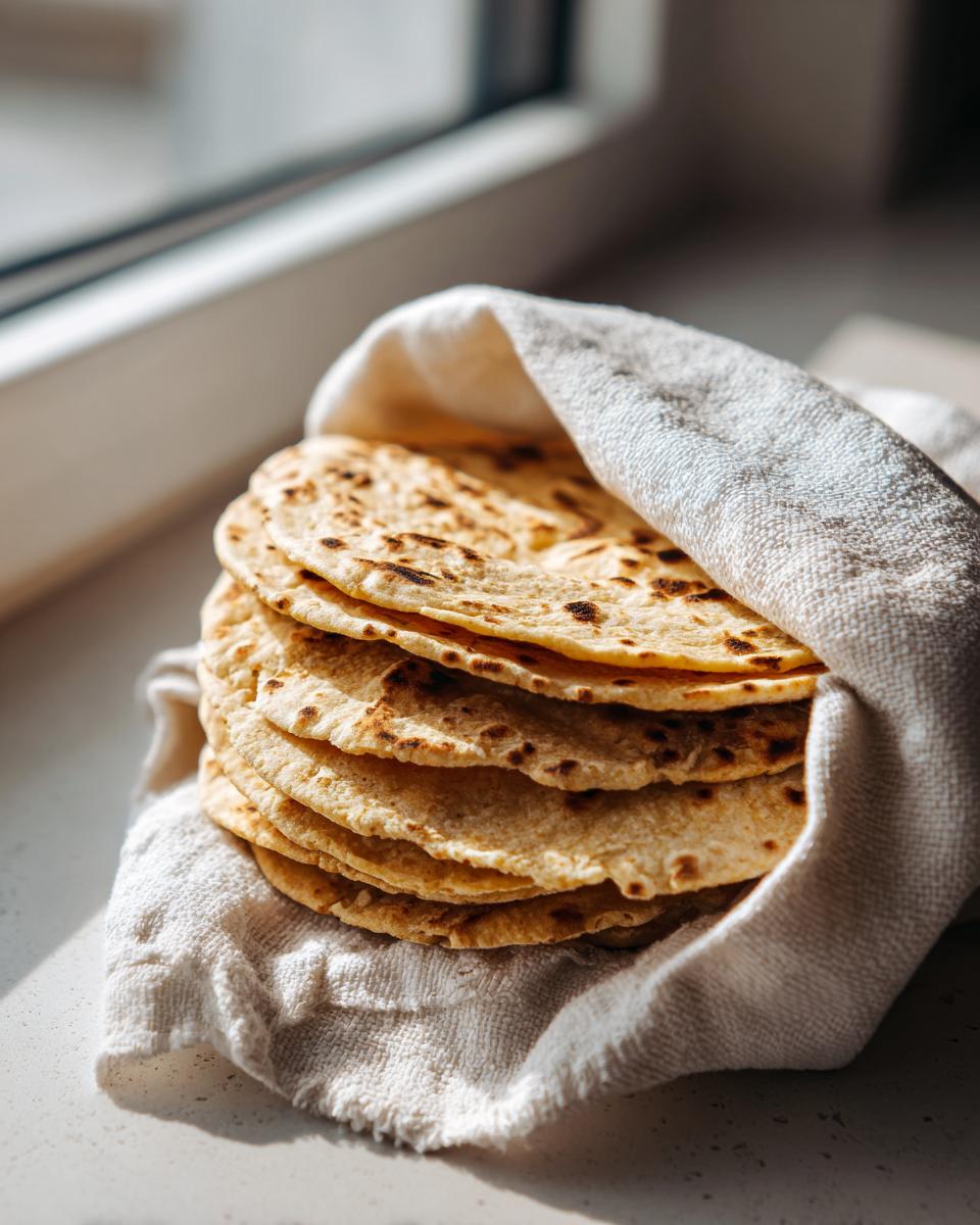 A stack of freshly made, soft corn tortillas kept warm wrapped in a light-colored cloth near a window.