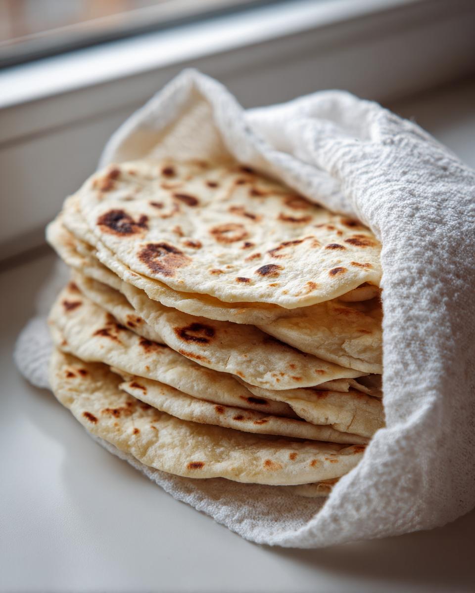 A warm stack of freshly made, soft corn tortillas wrapped partially in a white kitchen towel near a window.