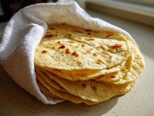 A stack of freshly made, soft corn tortillas wrapped in a white towel to keep warm.