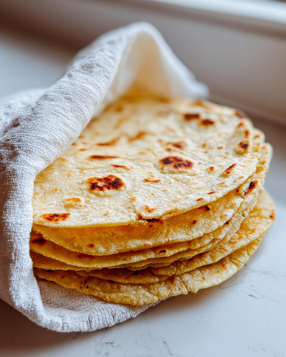 A warm stack of soft corn tortillas, lightly charred, wrapped partially in a white cloth.