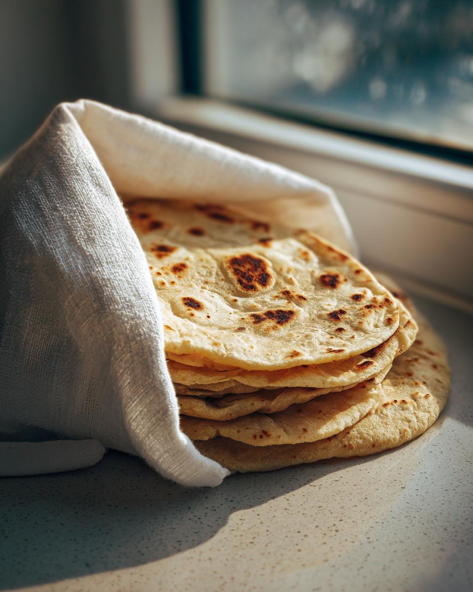 A stack of soft, freshly made corn tortillas wrapped partially in a white cloth near a window.
