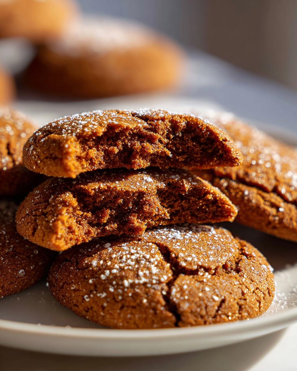 A stack of soft gingerbread cookies dusted with powdered sugar, one cookie broken open showing the chewy interior.