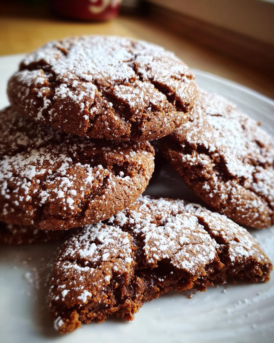 Close-up of several soft gingerbread cookies dusted with powdered sugar, one cookie is broken open showing the moist interior.