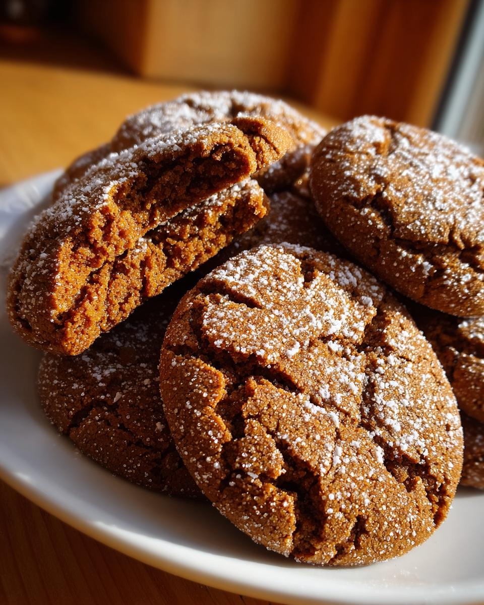 A stack of rich, dark brown soft gingerbread cookies dusted with powdered sugar on a white plate.