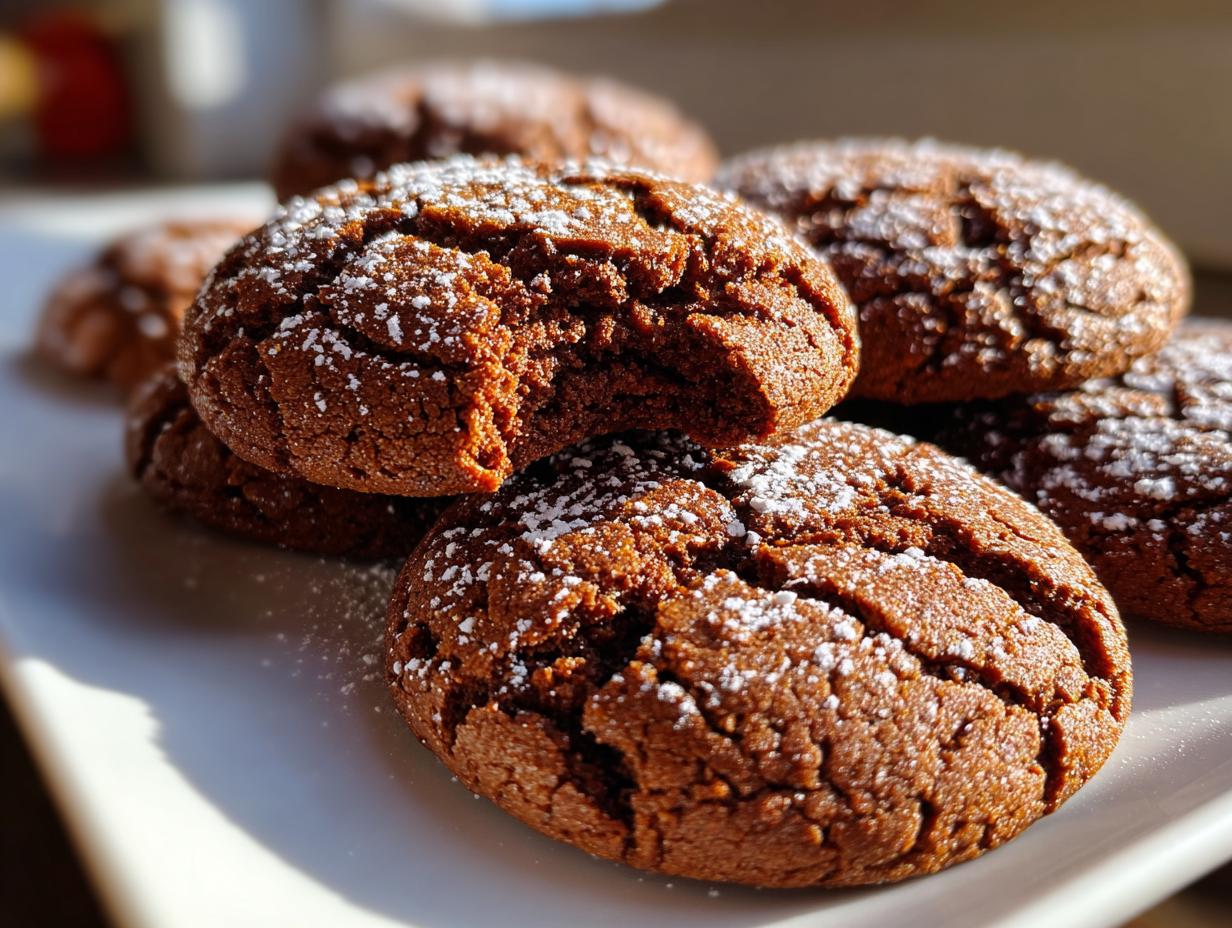 A stack of rich, dark soft gingerbread cookies dusted with powdered sugar, one cookie has a bite taken out.