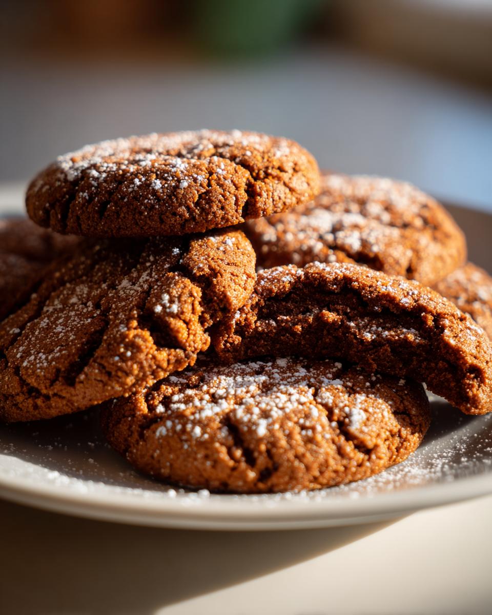 Close-up of a stack of rich, brown soft gingerbread cookies dusted with powdered sugar on a light plate.