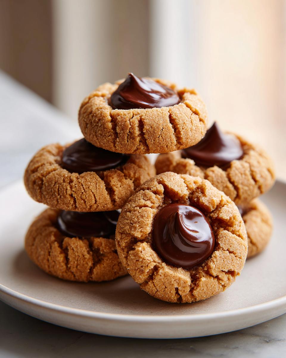 A stack of soft peanut butter blossom cookies featuring a rich, swirled chocolate center on a light plate.