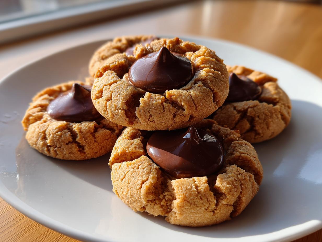 A stack of four soft peanut butter blossom cookies with melted chocolate centers resting on a white plate.