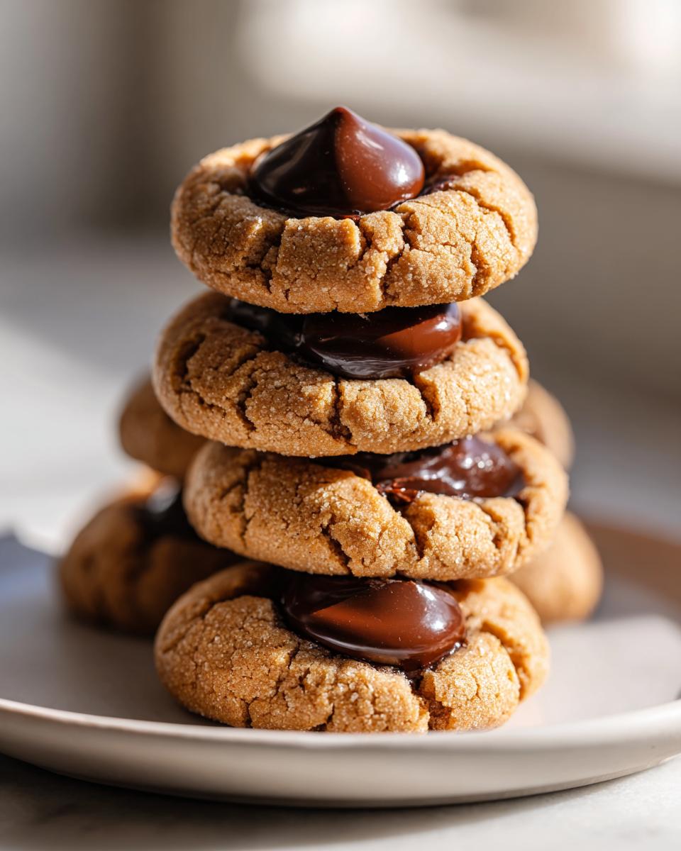 A close-up stack of four soft peanut butter blossom cookies topped with melted chocolate kisses.