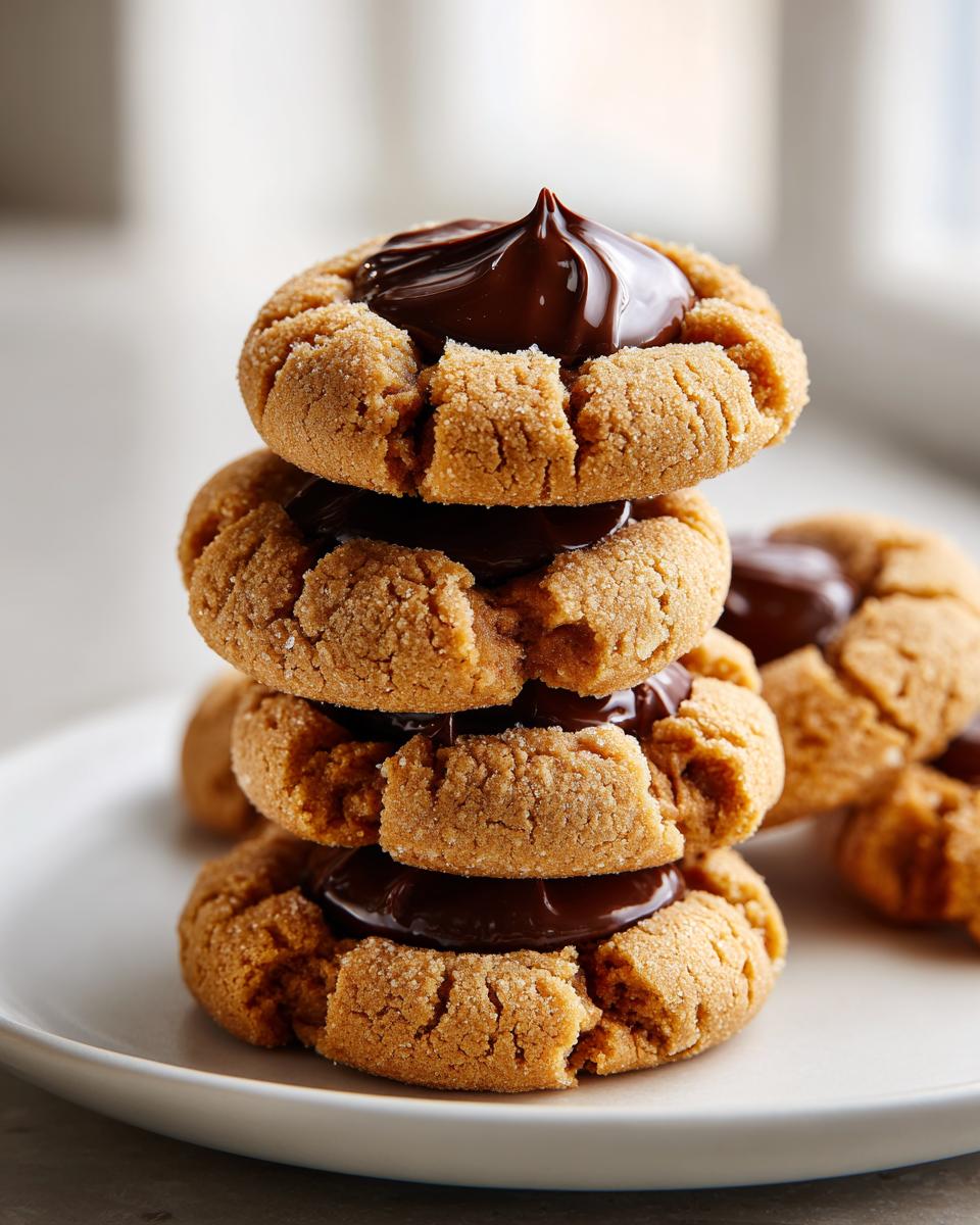 A vertical stack of four soft peanut butter blossom cookies filled with rich, glossy chocolate.