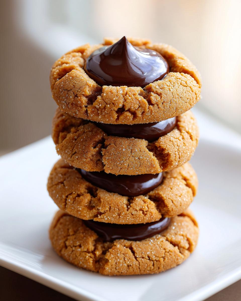 A vertical stack of four soft peanut butter blossom cookies filled and topped with glossy melted chocolate.