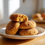 A stack of four soft pumpkin snickerdoodle cookies, one broken open to show the texture.