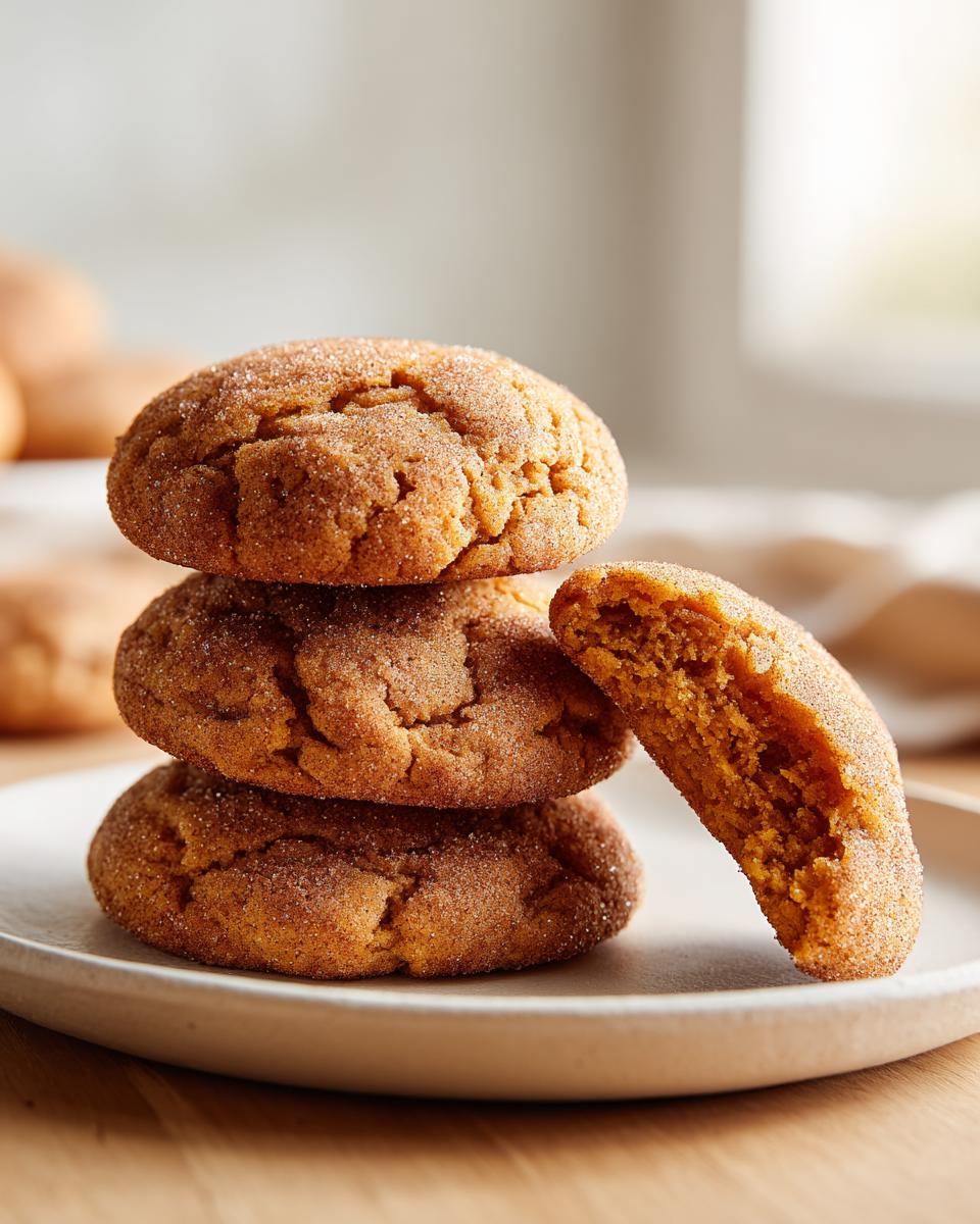 A stack of three soft pumpkin snickerdoodle cookies with one broken in half showing the moist interior.