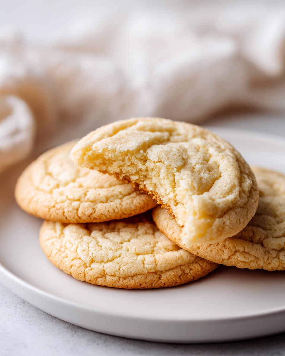 Close-up of several golden brown soft sugar cookies stacked on a white plate, one cookie has a bite taken out revealing the soft interior.
