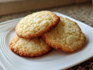 Three golden-brown, perfectly shaped soft sugar cookies stacked slightly on a white plate.