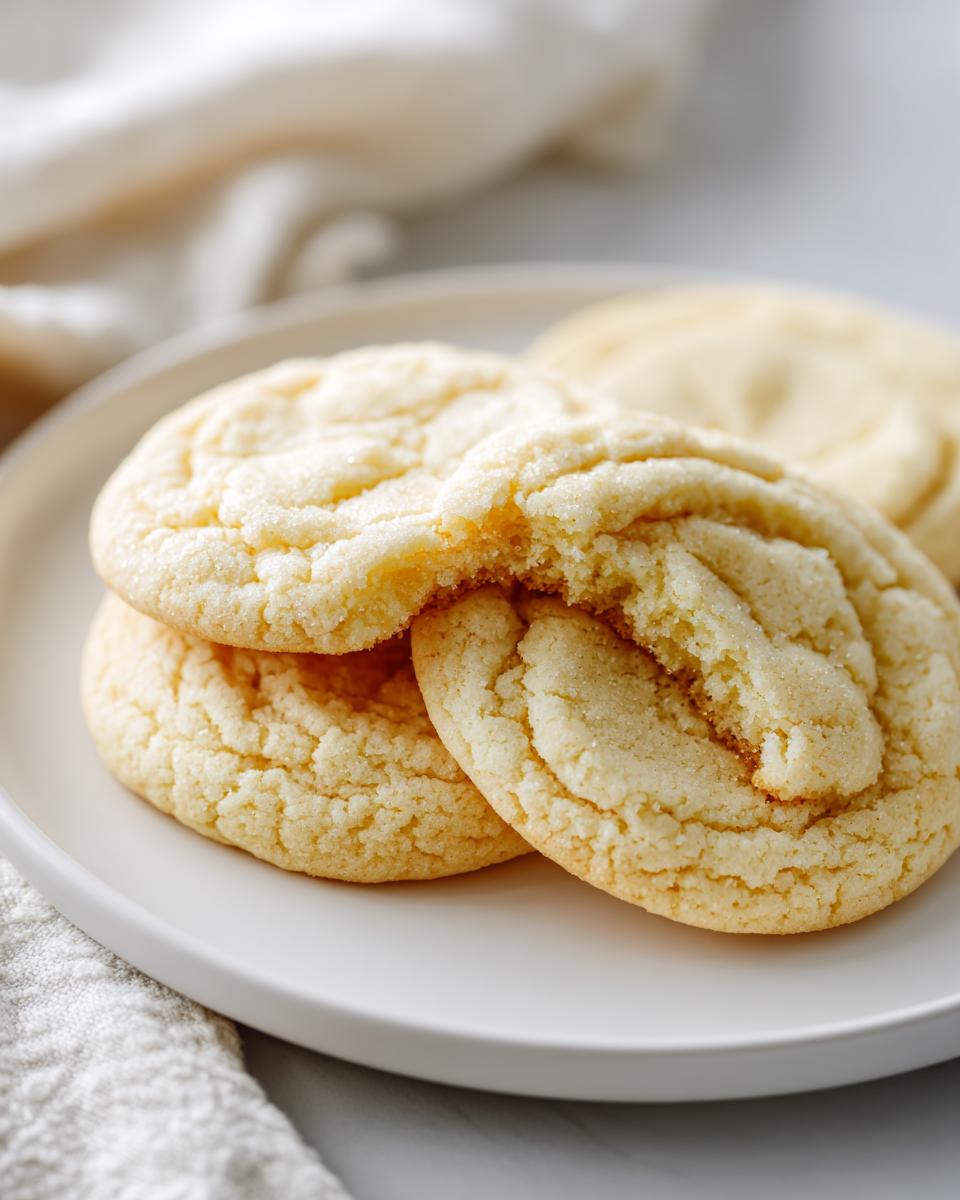A stack of three soft sugar cookies dusted with sugar on a white plate, one cookie has a bite taken out showing the soft interior.