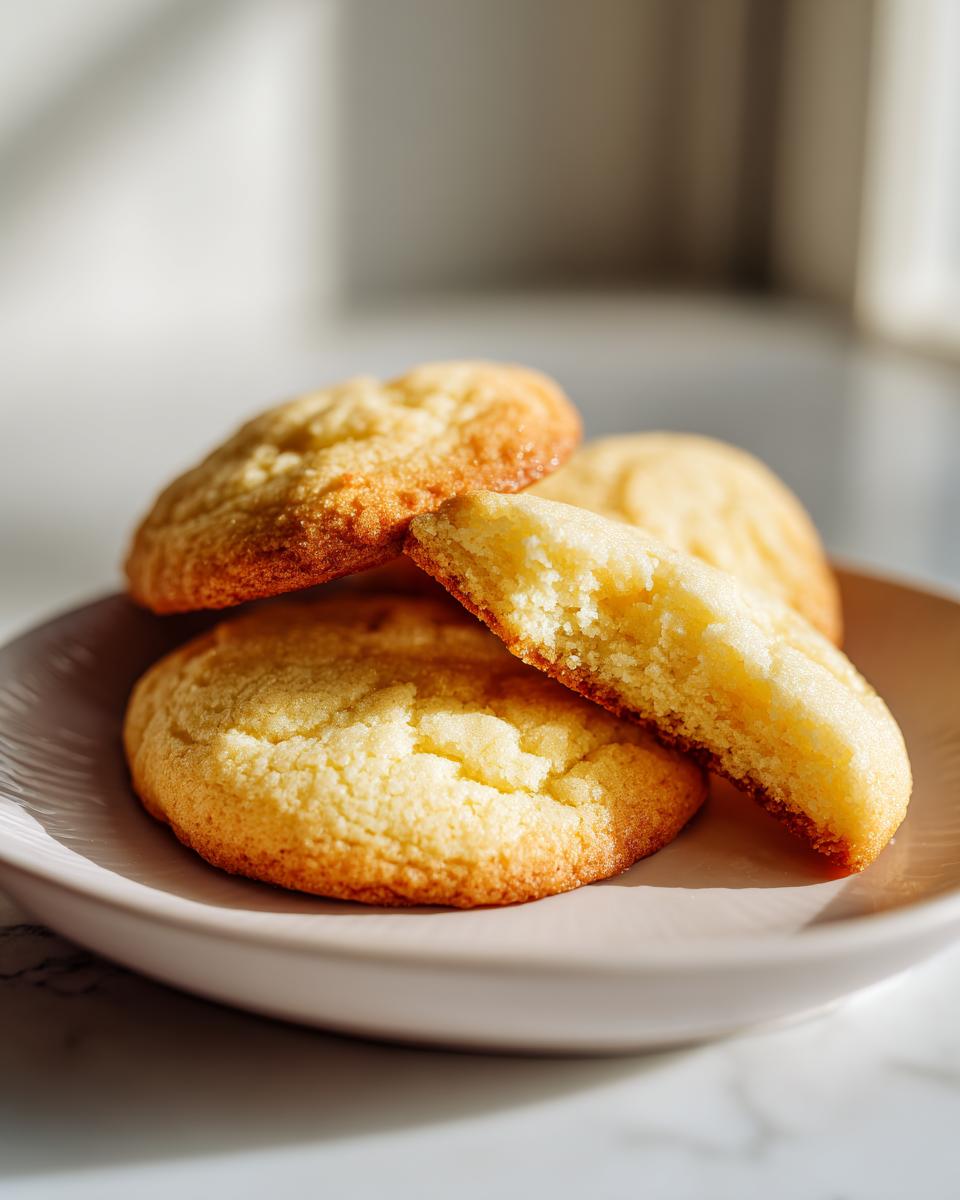 A stack of golden brown soft sugar cookies, one broken open to show the tender interior.