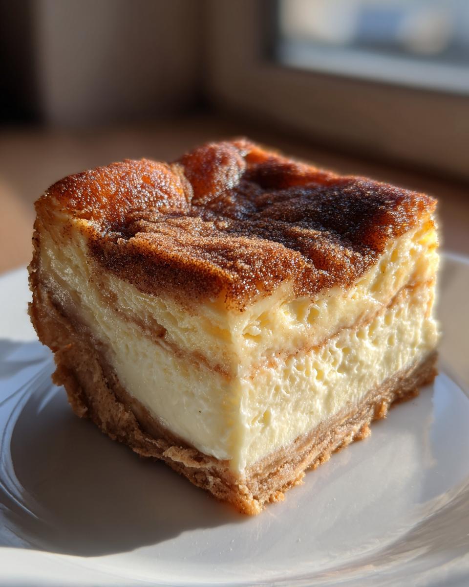 A close-up, sunlit slice of creamy sopapilla cheesecake with a thick cinnamon-sugar crust on top, resting on a white plate.
