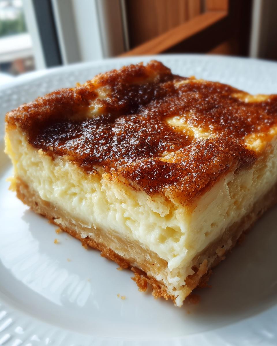 Close-up of a square slice of rich sopapilla cheesecake showing a thick, creamy filling and a browned cinnamon-sugar top.
