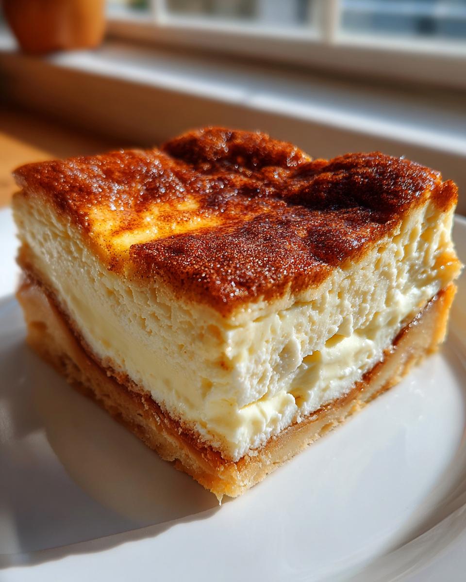 A close-up, sunlit slice of creamy sopapilla cheesecake with a dark, caramelized cinnamon-sugar top layer.