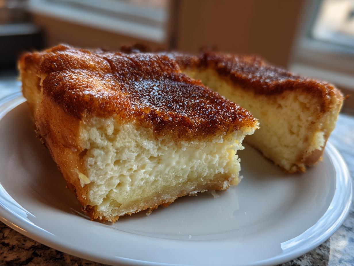 Two slices of creamy sopapilla cheesecake with a golden brown, sugary top resting on a white plate.