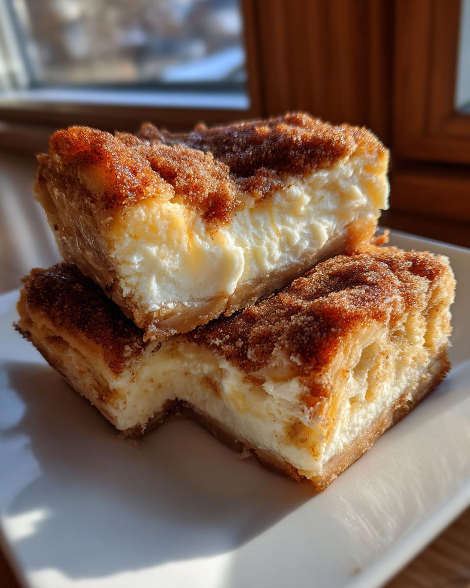 Two stacked squares of creamy sopapilla cheesecake topped generously with cinnamon sugar.