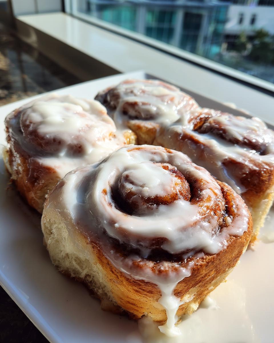 Close-up of three fluffy sourdough discard cinnamon rolls generously topped with white icing, sitting on a white plate near a window.