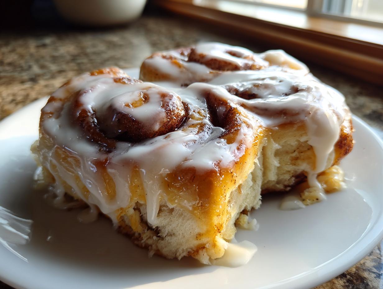 Two moist sourdough discard cinnamon rolls covered in thick white icing, sitting on a white plate.