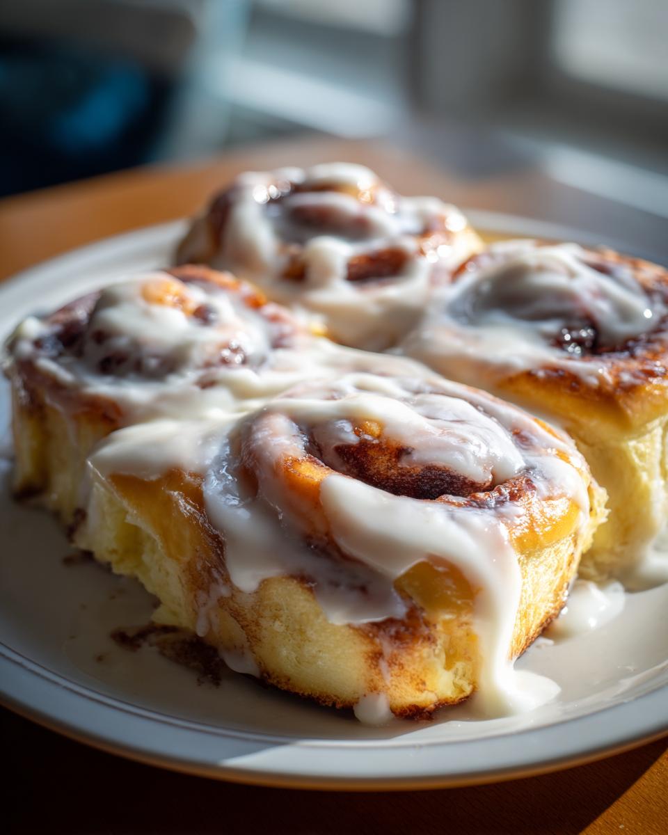 Four freshly baked sourdough discard cinnamon rolls generously topped with thick white icing, sitting on a plate.