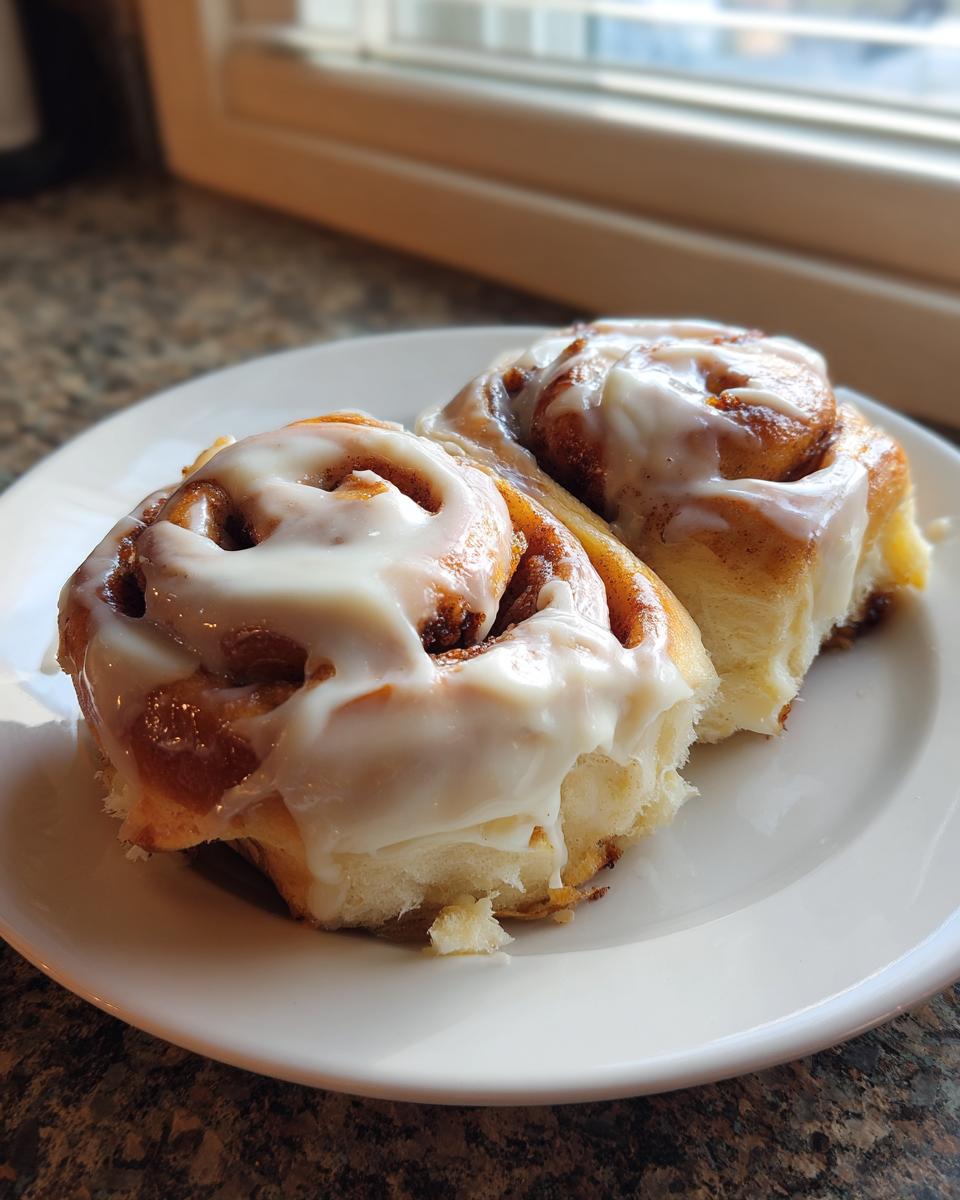 Close-up of two fluffy sourdough discard cinnamon rolls generously topped with white icing, served on a white plate.