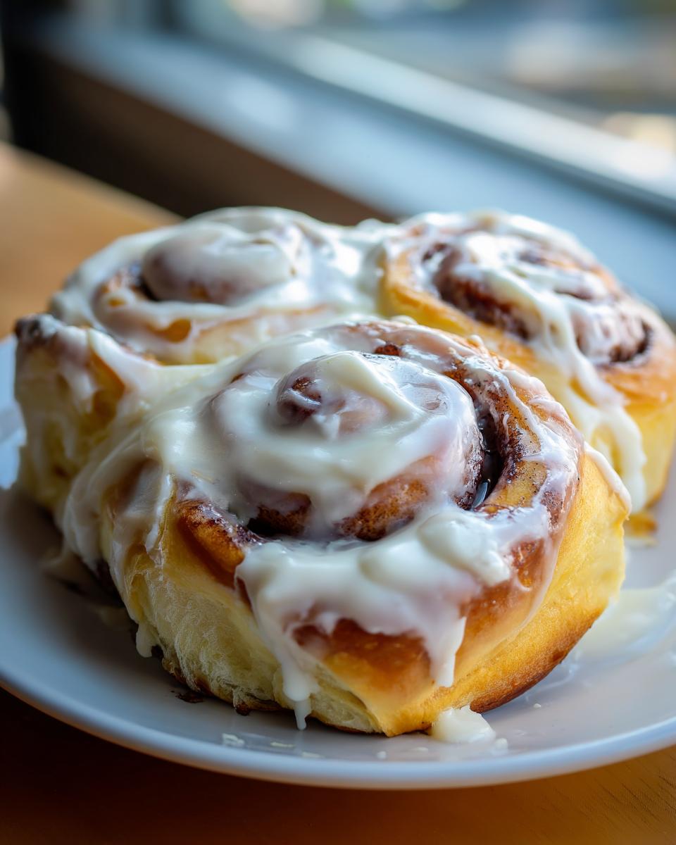 Three gooey sourdough discard cinnamon rolls generously topped with thick white cream cheese icing, sitting on a white plate.