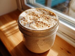 A bubbly drink made from sourdough starter discard, topped with cinnamon, sitting on a wooden windowsill in bright sunlight.