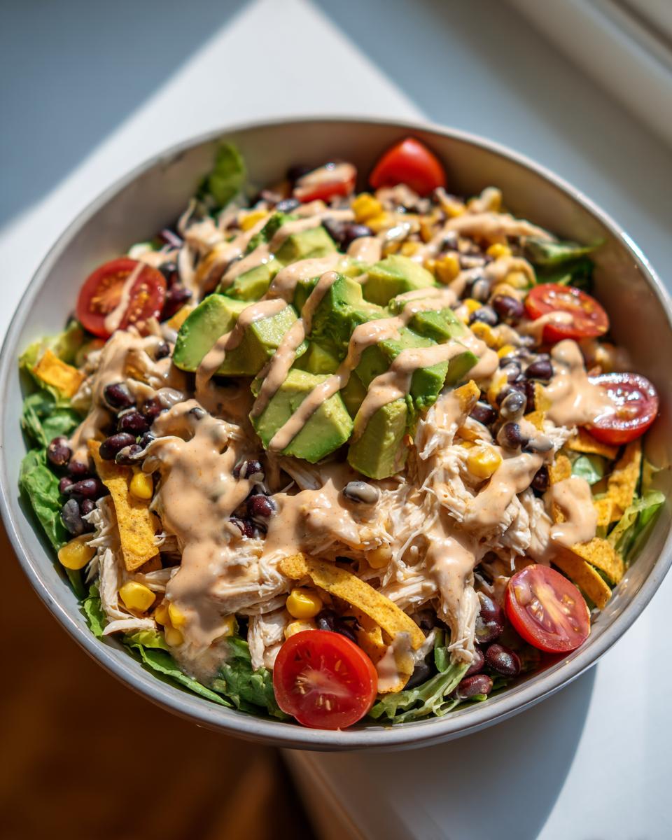 A vibrant bowl of southwest salad featuring shredded chicken, black beans, corn, avocado slices, and creamy dressing.