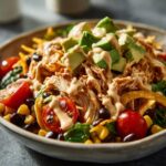 Close-up of a hearty southwest salad bowl topped with shredded chicken, avocado cubes, black beans, corn, and creamy dressing.