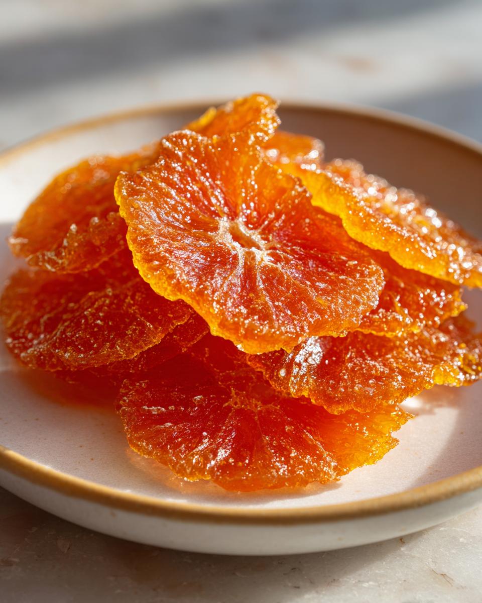 Close-up of glistening, sugar-coated candied orange slices piled on a small, light-colored dish.