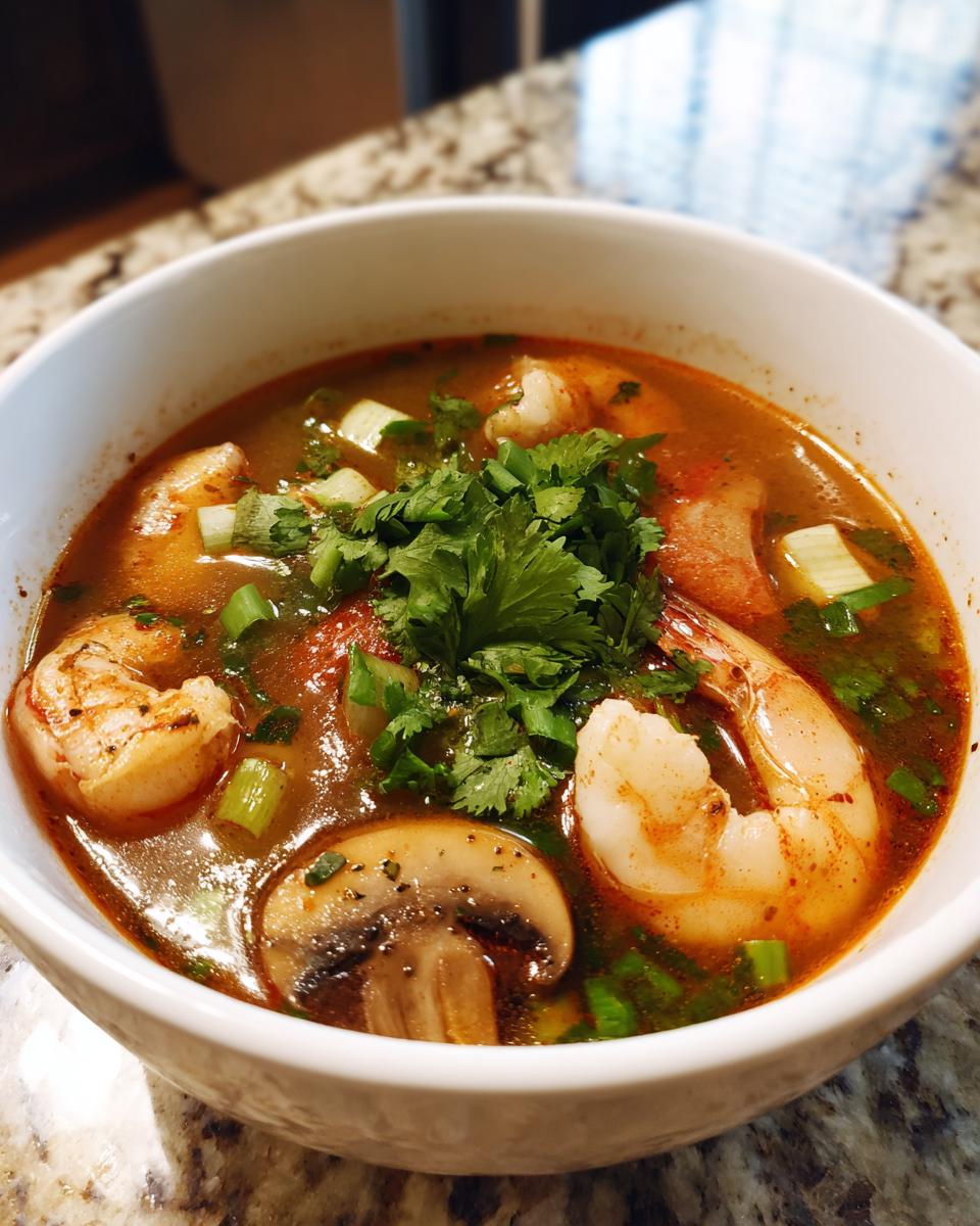 A close-up of a vibrant bowl of tom yum soup featuring large shrimp, sliced mushrooms, and fresh cilantro garnish.
