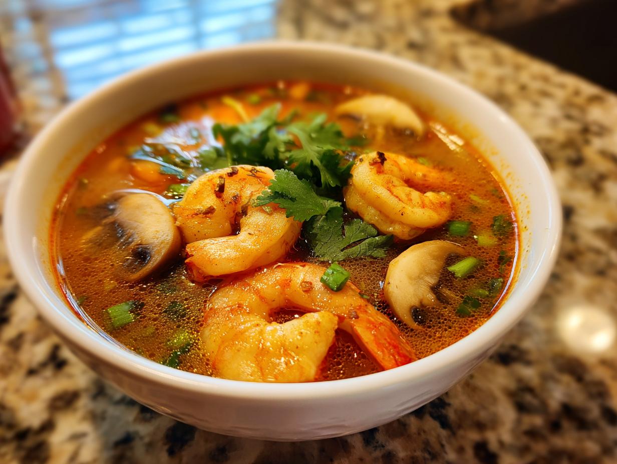A close-up shot of a white bowl filled with vibrant, spicy tom yum soup featuring large shrimp and sliced mushrooms.