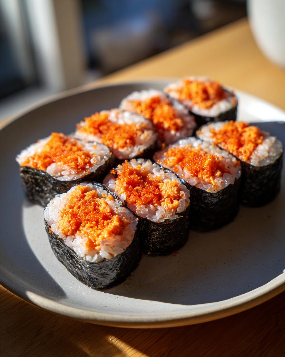 Eight pieces of spicy tuna kimbap rolls topped with bright orange fish roe, served on a light gray plate.
