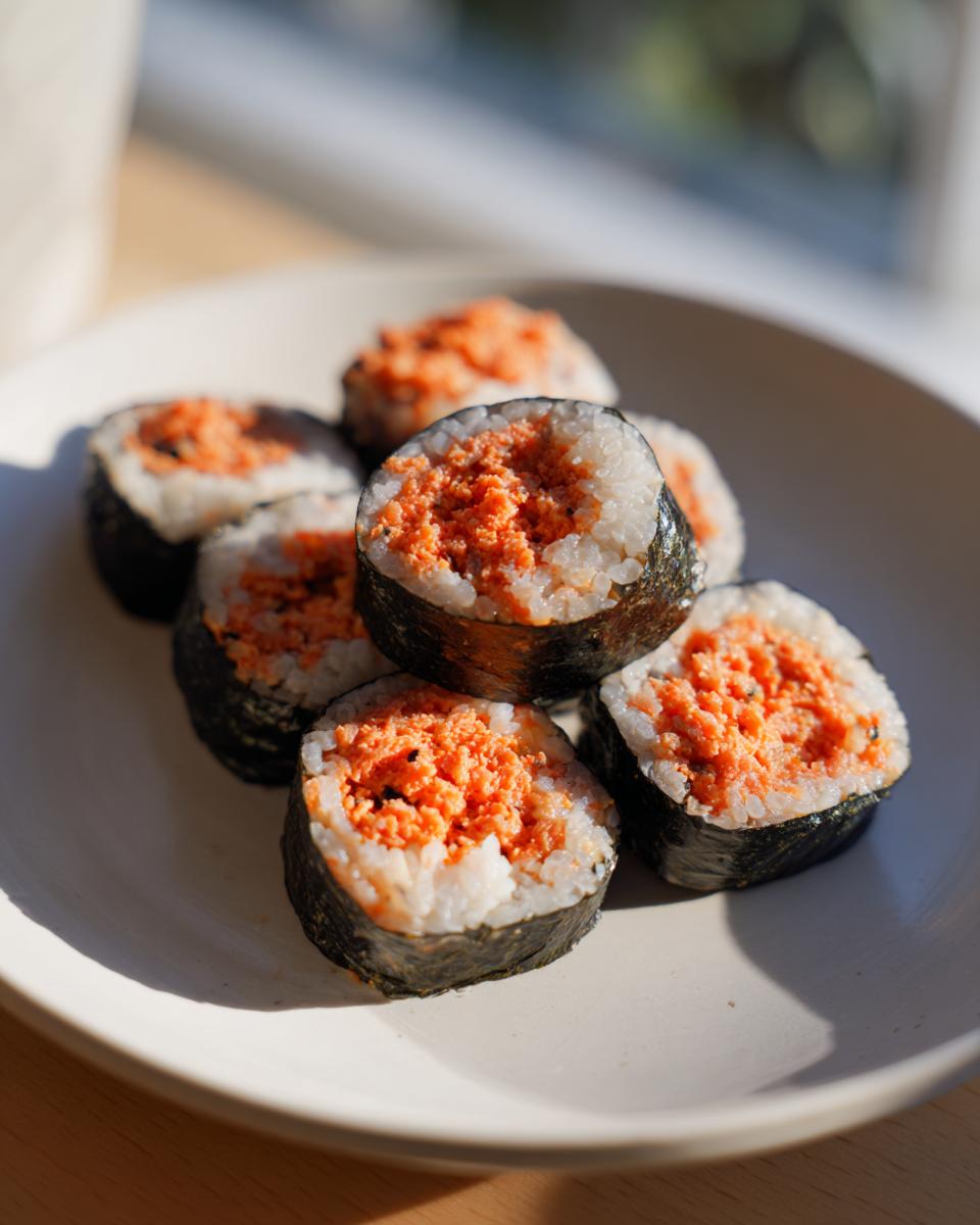 Six pieces of spicy tuna kimbap, showing bright orange filling surrounded by white rice and dark seaweed, arranged on a light plate.