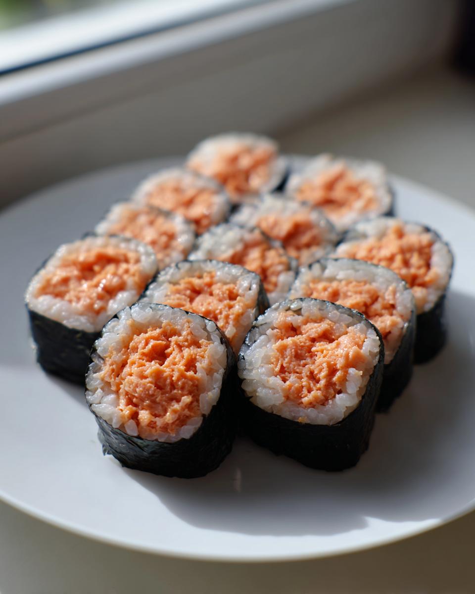 A plate of freshly cut spicy tuna kimbap rolls, showing the bright orange filling surrounded by white rice and dark seaweed.