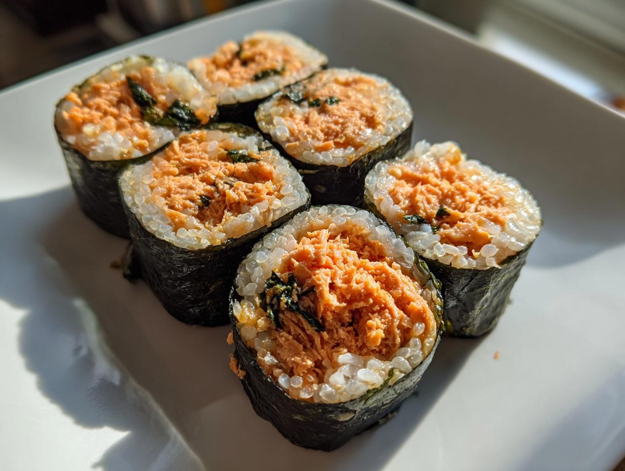Close-up of six freshly cut pieces of spicy tuna kimbap rolls arranged on a white plate.