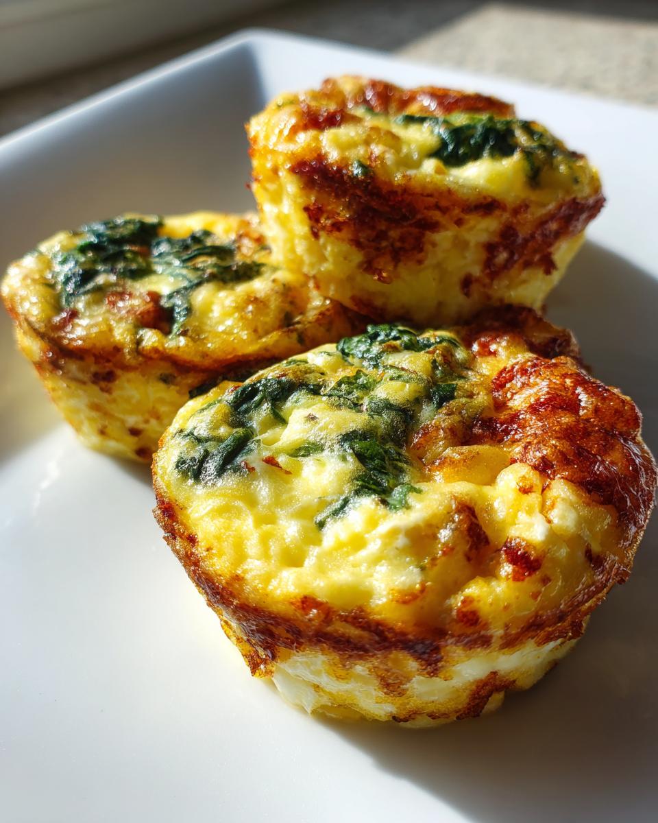 Three golden-brown spinach egg bites stacked slightly on a white plate, perfect for meal prep.