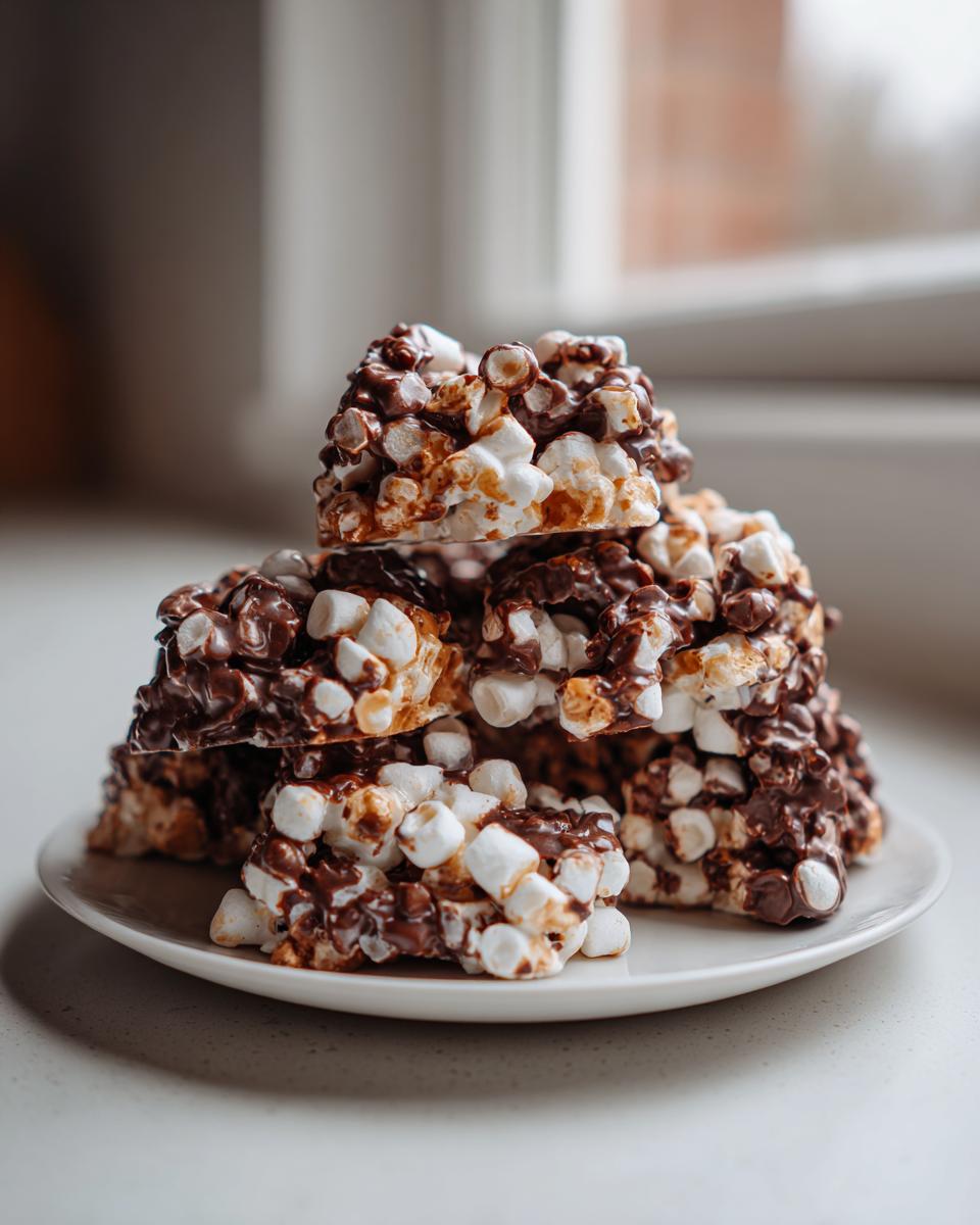 A stack of rich, chocolate-covered avalanche cookies featuring mini marshmallows and crispy bits, sitting on a white plate.