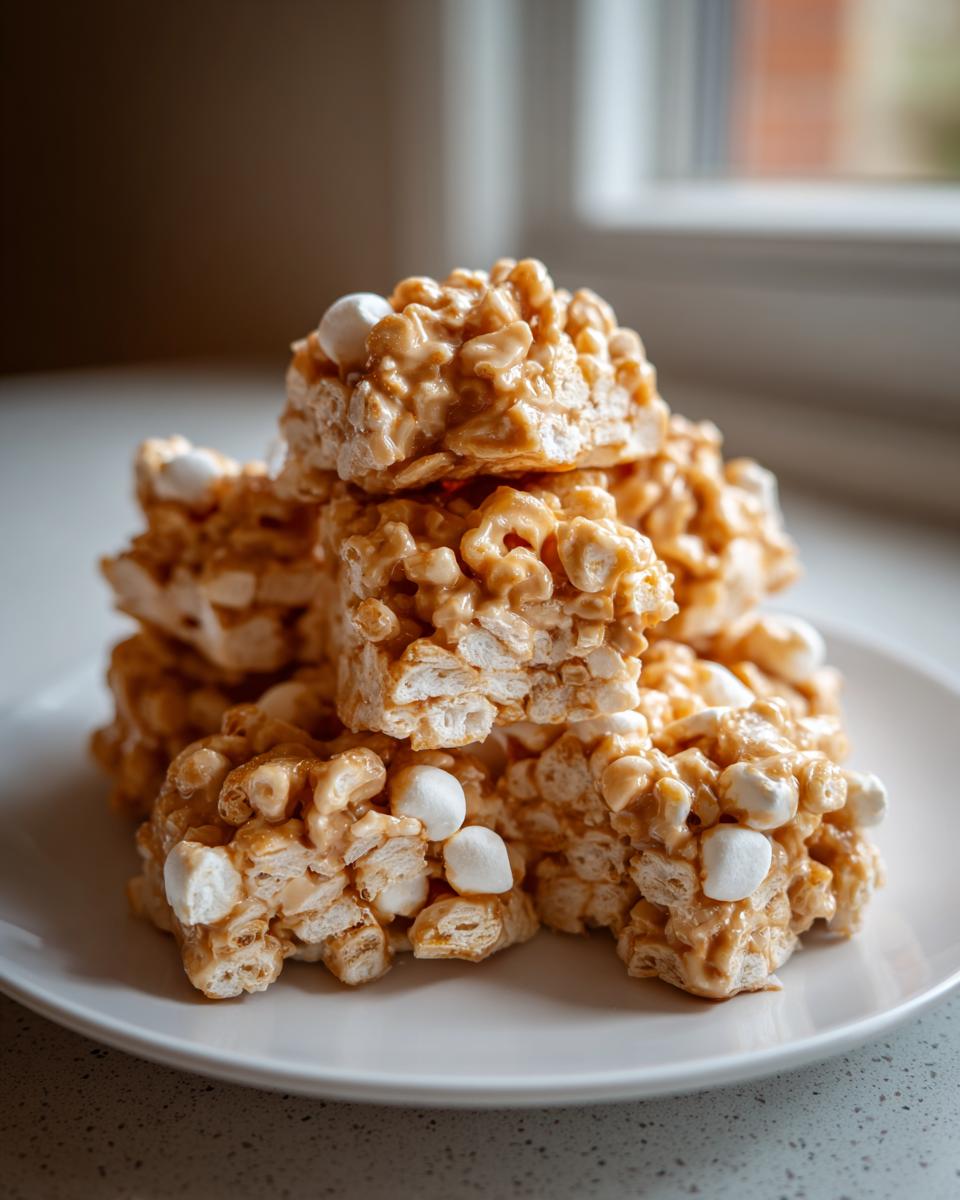 A stack of gooey, peanut butter-coated avalanche cookies mixed with marshmallows on a white plate.