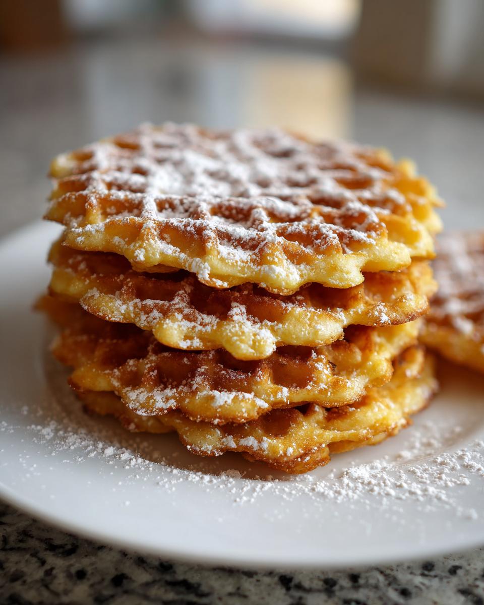 A stack of four golden, crisp pizzelle cookies dusted generously with white powdered sugar on a white plate.