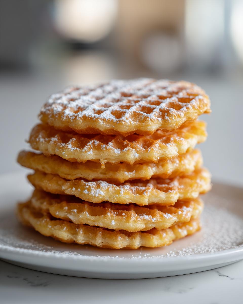 A tall stack of five golden, crisp pizzelle cookies dusted generously with powdered sugar on a white plate.